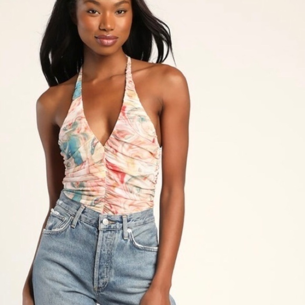 [Lulu’s] Ride or Dye Pink Multi Marbled Ruched Mesh Halter Tie Neck Bodysuit